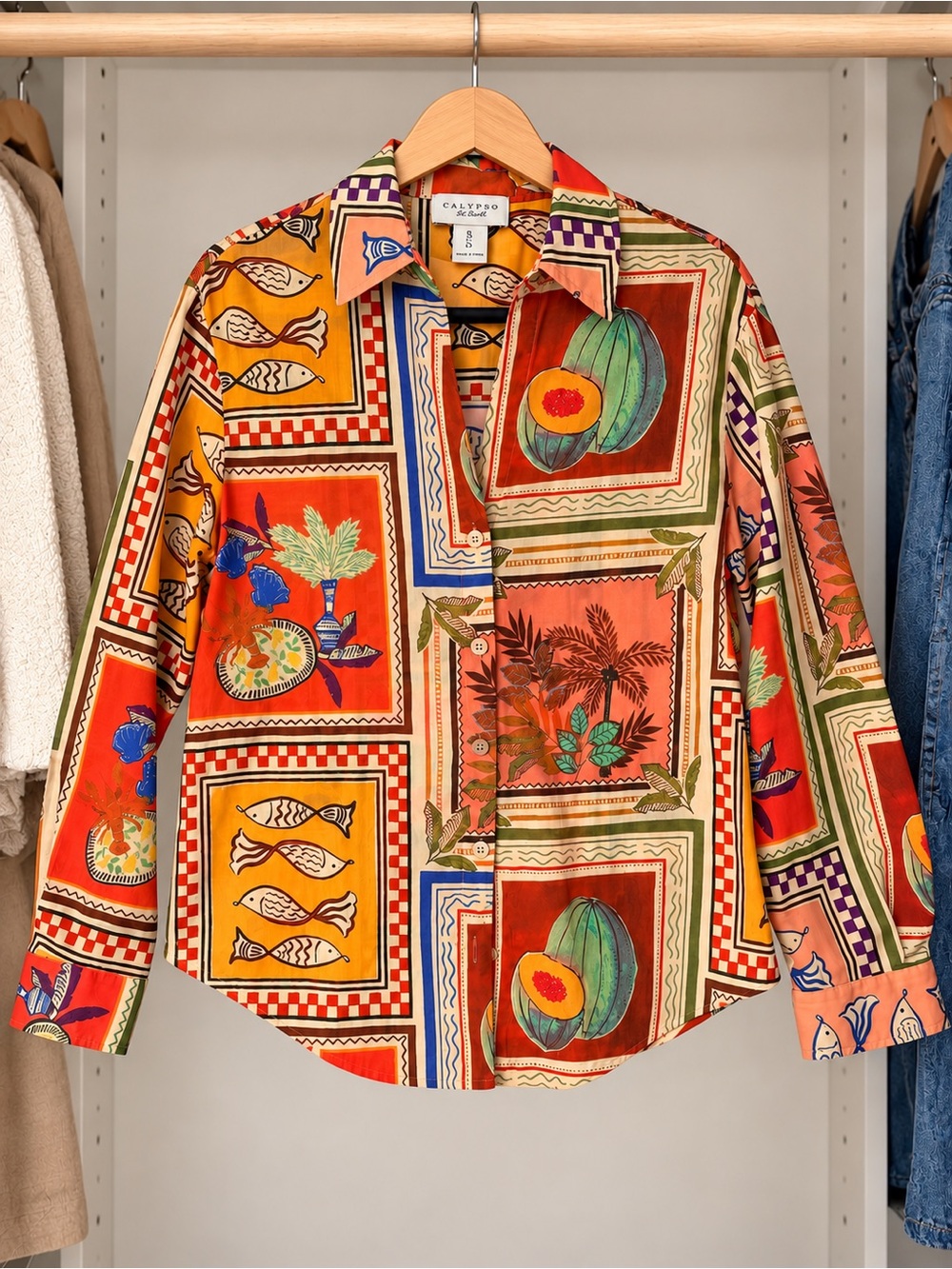 Calypso St. Barth Tropical Fruit Fish Print Button Down Shirt Size S Fall Colors
